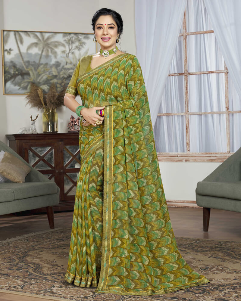 Vishal Prints Dark Mustard Printed Georgette Saree With Border