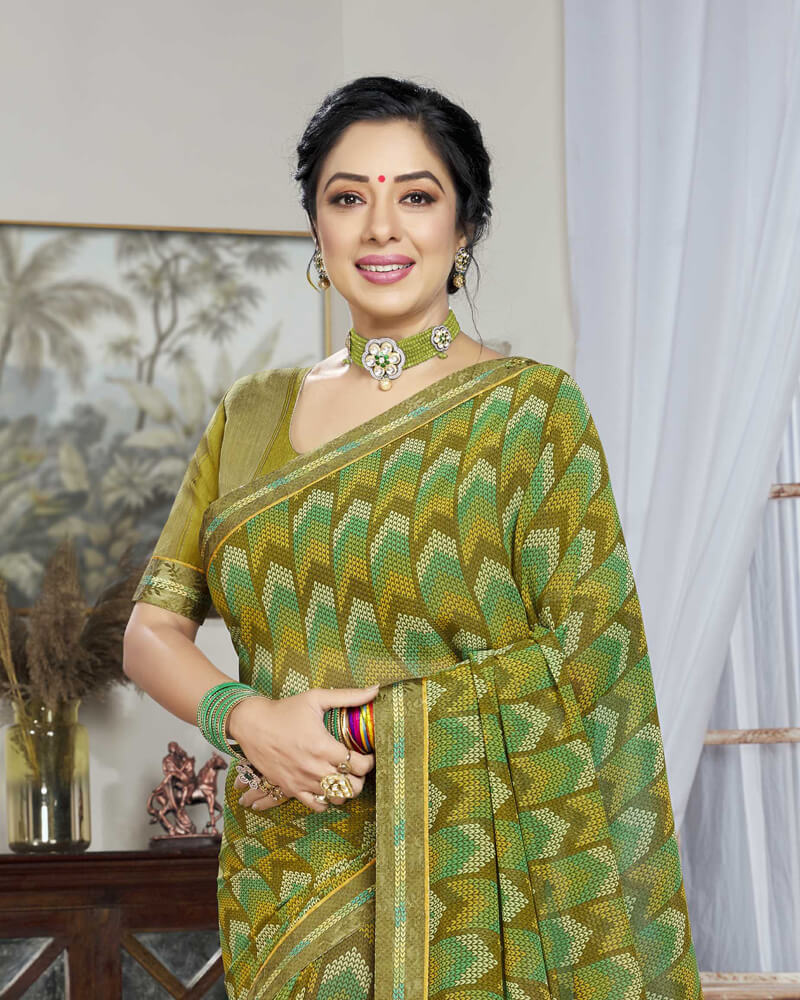 Vishal Prints Dark Mustard Printed Georgette Saree With Border