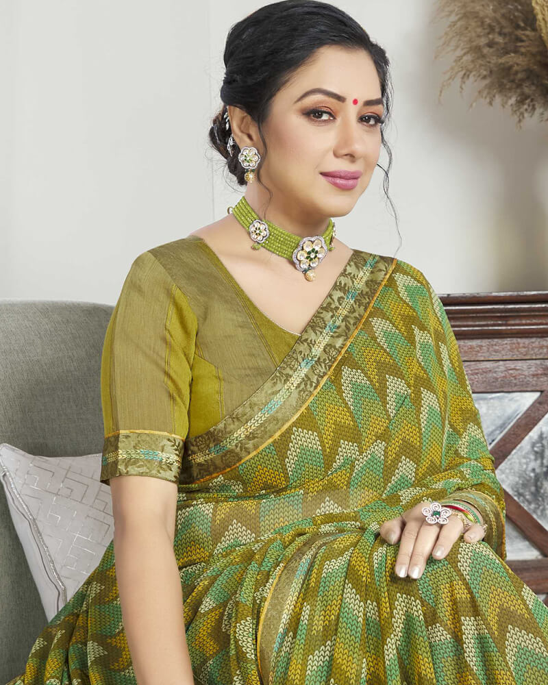 Vishal Prints Dark Mustard Printed Georgette Saree With Border