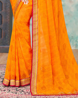 Vishal Prints Orange And Cherry Red Chiffon Saree With Foil Print And Jari Border