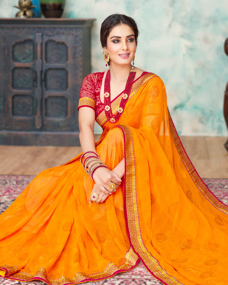 Vishal Prints Orange And Cherry Red Chiffon Saree With Foil Print And Jari Border