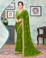 Vishal Prints Dark Olive Green Chiffon Saree With Foil Print And Jari Border