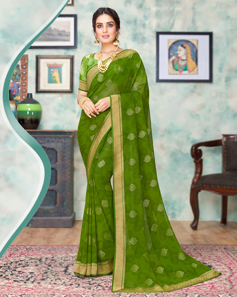 Vishal Prints Dark Olive Green Chiffon Saree With Foil Print And Jari Border