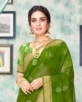 Vishal Prints Dark Olive Green Chiffon Saree With Foil Print And Jari Border