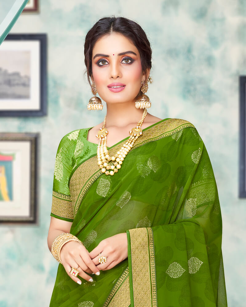 Vishal Prints Dark Olive Green Chiffon Saree With Foil Print And Jari Border