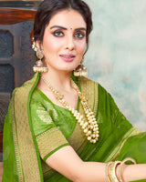 Vishal Prints Dark Olive Green Chiffon Saree With Foil Print And Jari Border