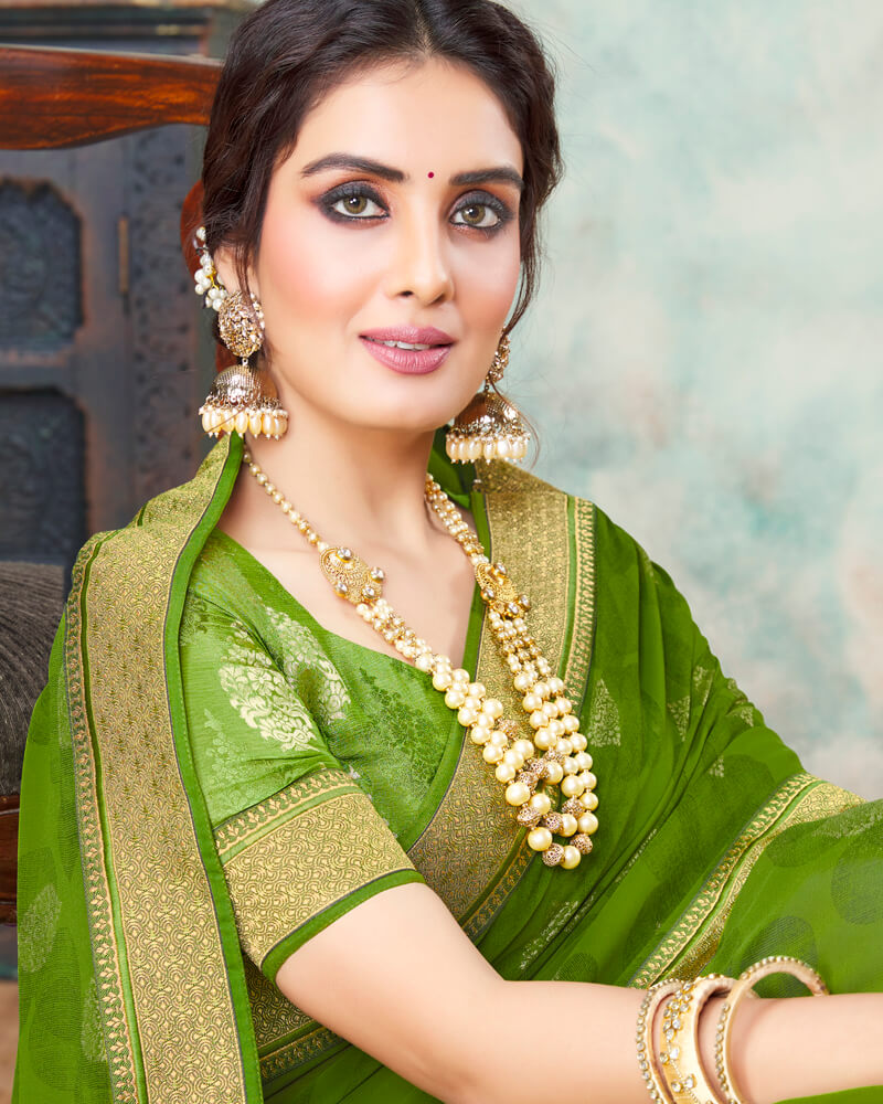 Vishal Prints Dark Olive Green Chiffon Saree With Foil Print And Jari Border