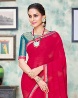 Vishal Prints Red Pink Chiffon Saree With Foil Print And Jari Border