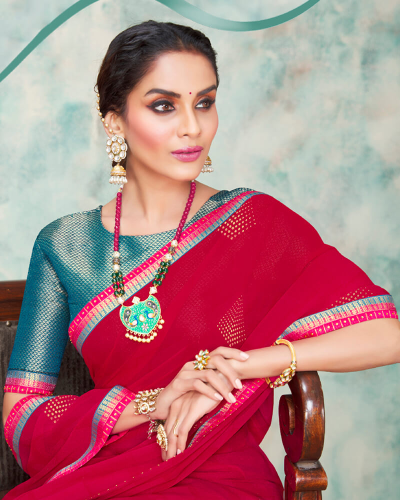 Vishal Prints Red Pink Chiffon Saree With Foil Print And Jari Border