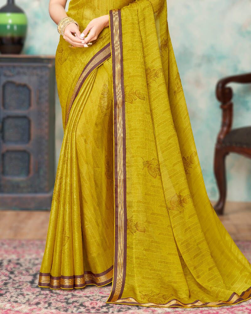 Vishal Prints Olive Yellow And Brown Chiffon Saree With Foil Print And Jari Border