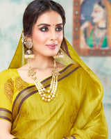 Vishal Prints Olive Yellow And Brown Chiffon Saree With Foil Print And Jari Border