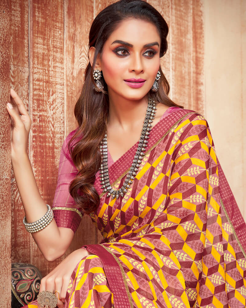 Vishal Prints Burgandy And Golden Yellow Printed Georgette Saree With Piping