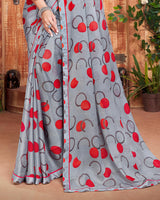 Vishal Prints Cool Grey And Red Printed Georgette Saree With Piping