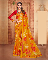 Vishal Prints Orche And Red Printed Georgette Saree With Piping