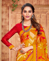Vishal Prints Orche And Red Printed Georgette Saree With Piping