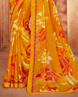 Vishal Prints Orche And Red Printed Georgette Saree With Piping