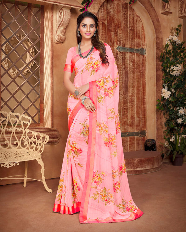 Vishal Prints Rose Pink And Red Pink Printed Georgette Saree With Piping