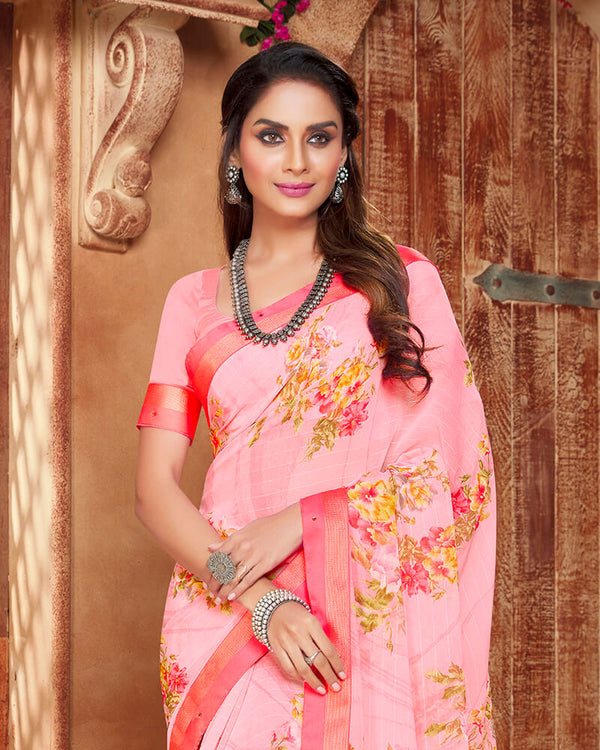 Vishal Prints Rose Pink And Red Pink Printed Georgette Saree With Piping