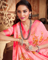 Vishal Prints Rose Pink And Red Pink Printed Georgette Saree With Piping