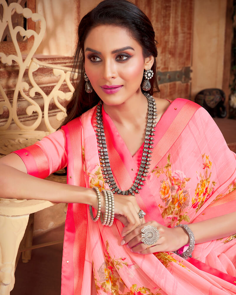 Vishal Prints Rose Pink And Red Pink Printed Georgette Saree With Piping