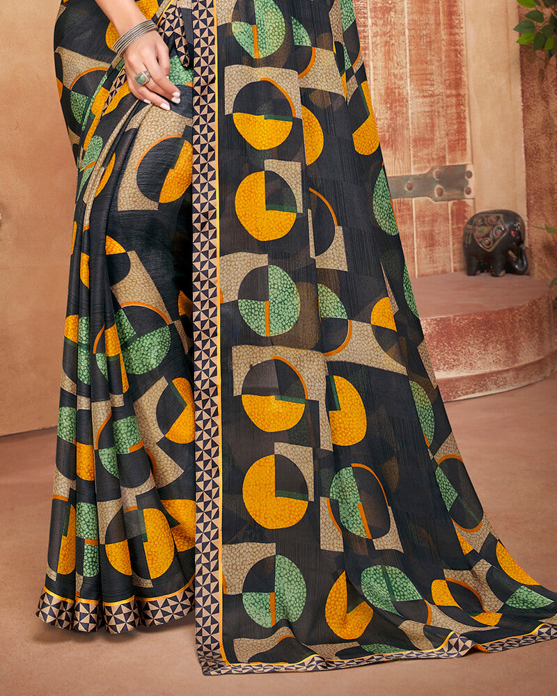 Vishal Prints Black An Dark Yellow Printed Georgette Saree With Piping
