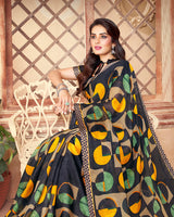 Vishal Prints Black An Dark Yellow Printed Georgette Saree With Piping