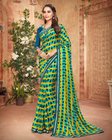 Vishal Prints Ink Blue And Dark Turquoise Blue Printed Georgette Saree With Piping
