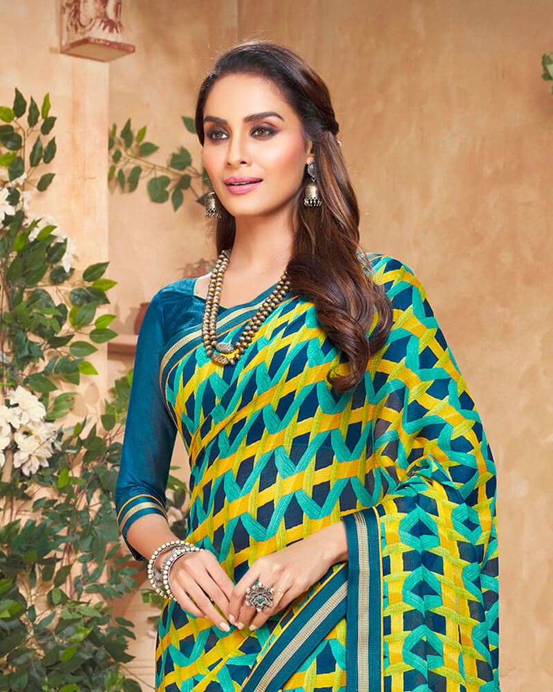 Vishal Prints Ink Blue And Dark Turquoise Blue Printed Georgette Saree With Piping