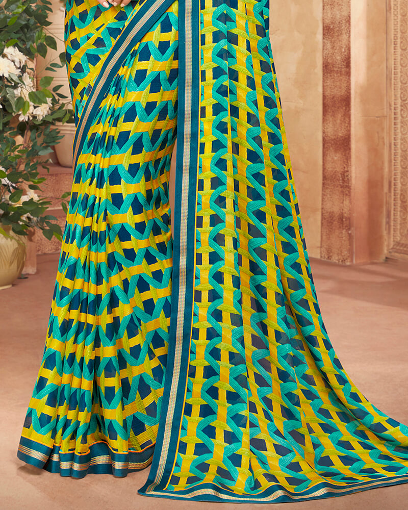 Vishal Prints Ink Blue And Dark Turquoise Blue Printed Georgette Saree With Piping