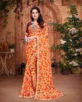 Vishal Prints Pastel Orange And Orange Printed Georgette Saree With Piping