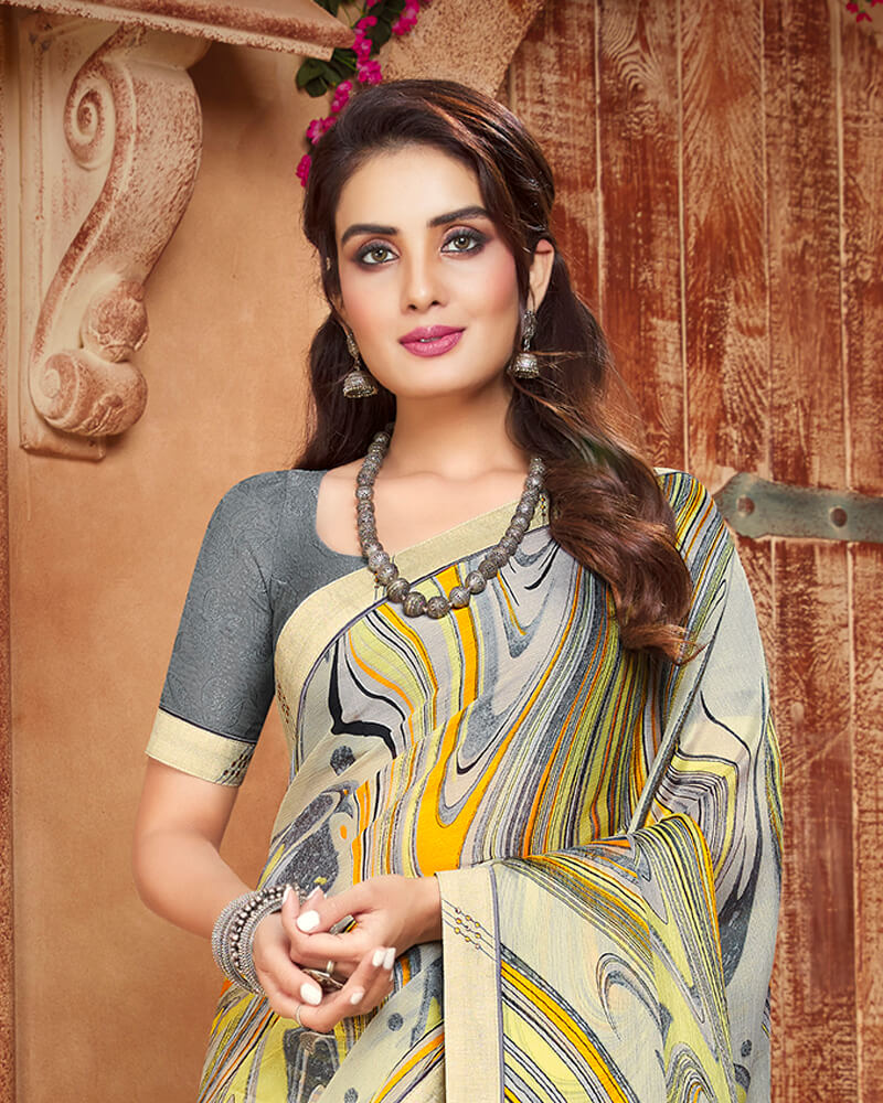 Vishal Prints Off White And Grey Printed Georgette Saree With Piping