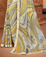 Vishal Prints Off White And Grey Printed Georgette Saree With Piping