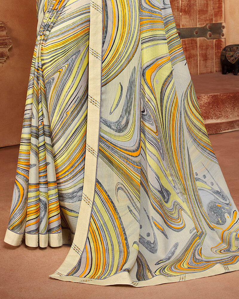 Vishal Prints Off White And Grey Printed Georgette Saree With Piping