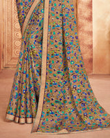 Vishal Prints Light Brown And Blue Printed Georgette Saree With Piping