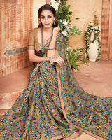 Vishal Prints Light Brown And Blue Printed Georgette Saree With Piping