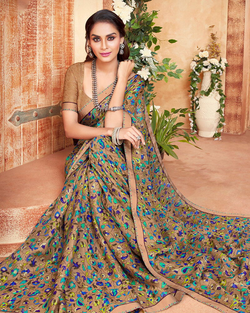 Vishal Prints Light Brown And Blue Printed Georgette Saree With Piping
