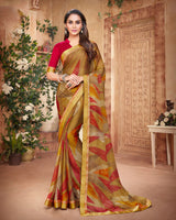 Vishal Prints Dark Mustard And Cherry Red Printed Georgette Saree With Piping