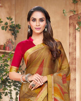 Vishal Prints Dark Mustard And Cherry Red Printed Georgette Saree With Piping
