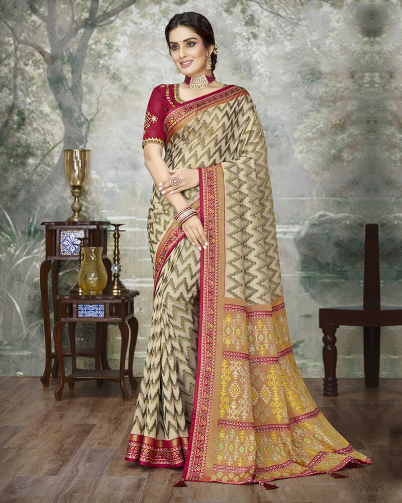 Vishal Prints Beige Brasso Saree With Foil Print