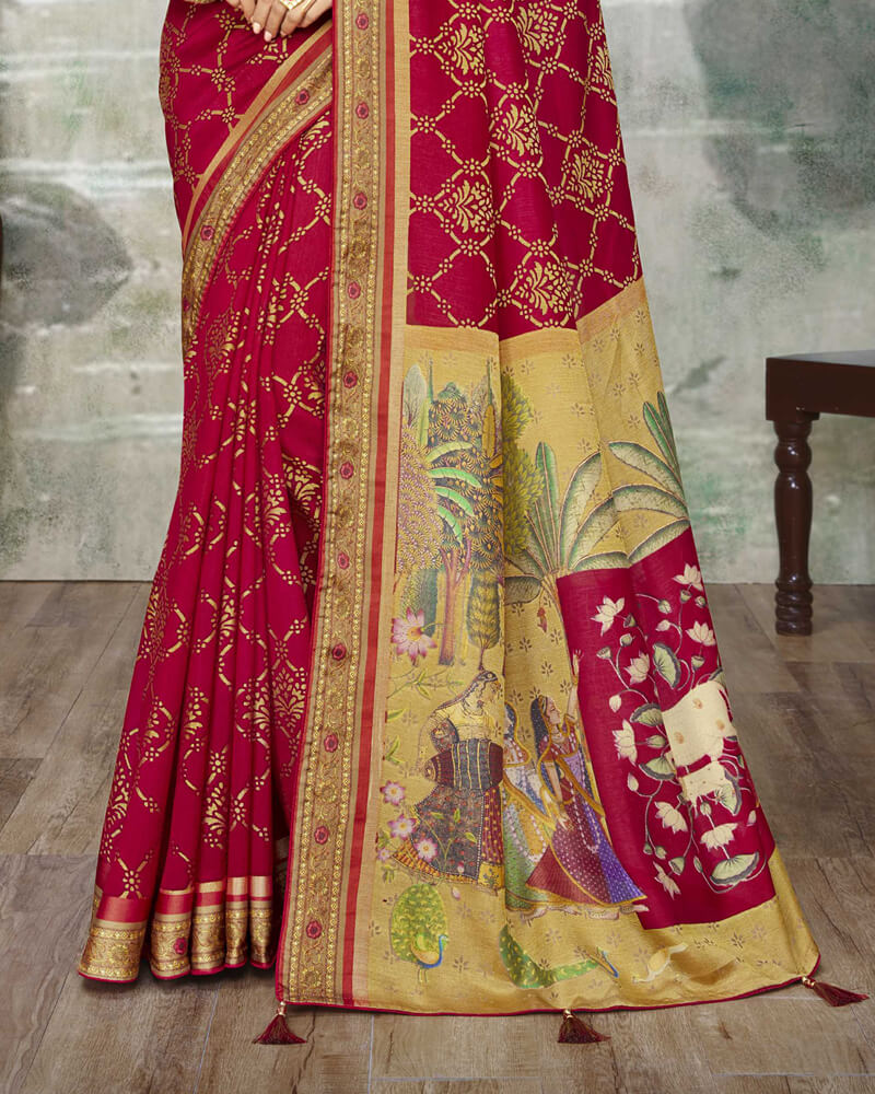 Vishal Prints Cherry Red Brasso Saree With Foil Print