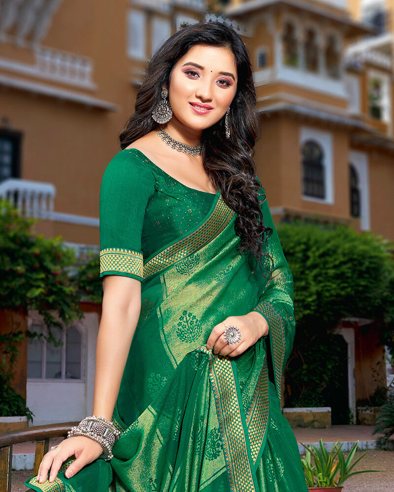 Vishal Prints Dark Green Brasso Saree With Foil Print