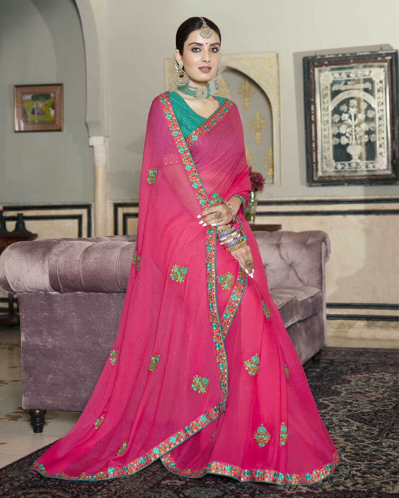 Vishal Prints Rani Chiffon Saree With Embroidery Work