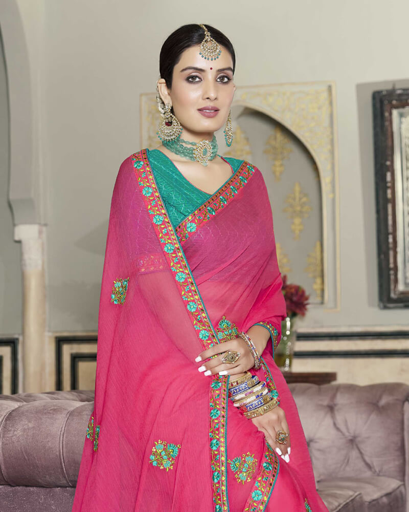Vishal Prints Rani Chiffon Saree With Embroidery Work