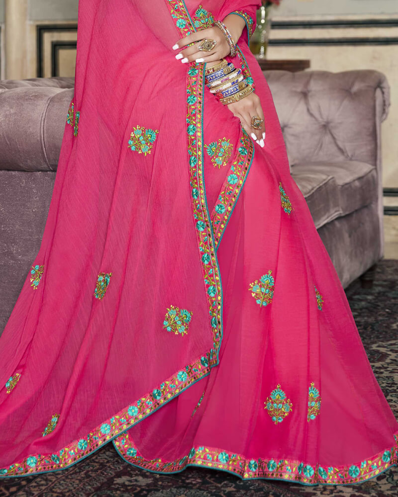 Vishal Prints Rani Chiffon Saree With Embroidery Work