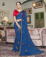 Vishal Prints Ink Blue Chiffon Saree With Embroidery Work