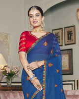 Vishal Prints Ink Blue Chiffon Saree With Embroidery Work