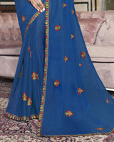 Vishal Prints Ink Blue Chiffon Saree With Embroidery Work