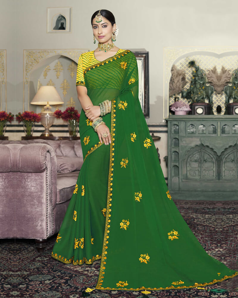 Vishal Prints Dark Green Chiffon Saree With Embroidery Work