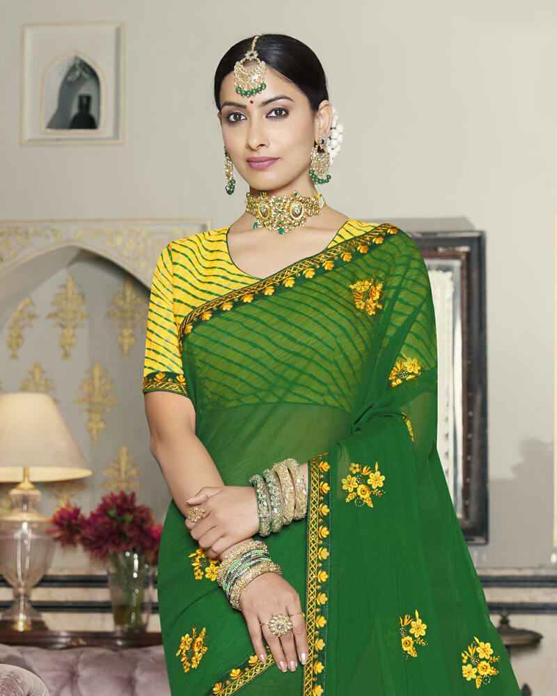 Vishal Prints Dark Green Chiffon Saree With Embroidery Work