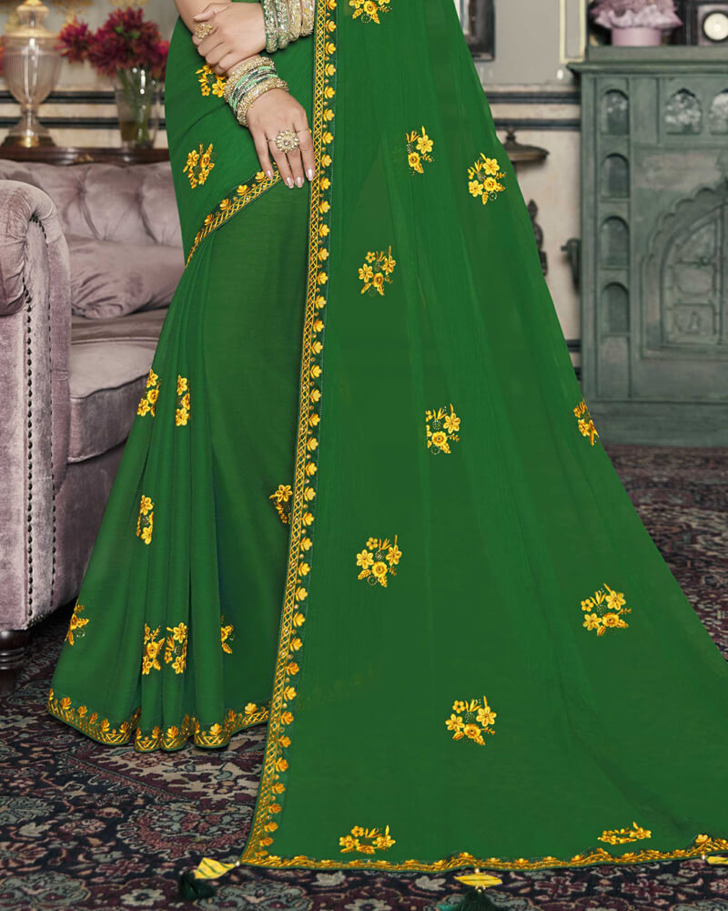 Vishal Prints Dark Green Chiffon Saree With Embroidery Work
